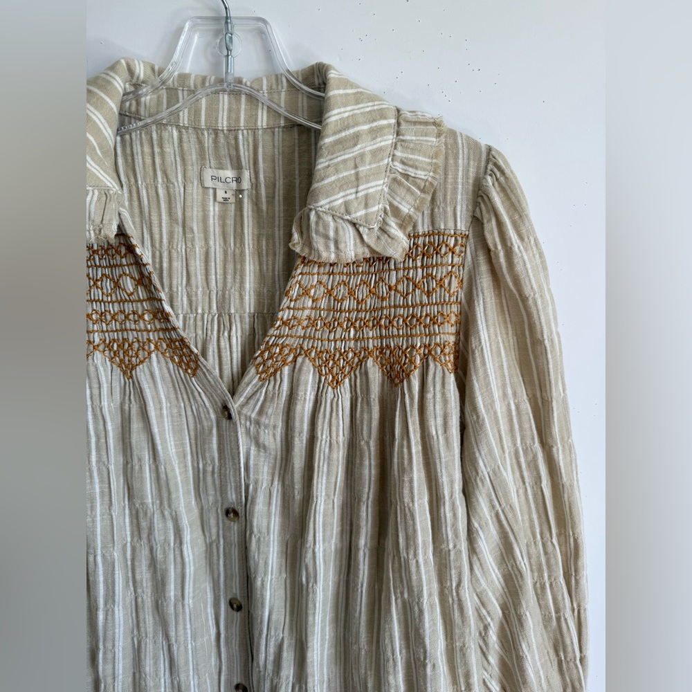 Pilcro Cream Striped Button-Up Blouse with Beige Embroidery - Picture 8 of 12
